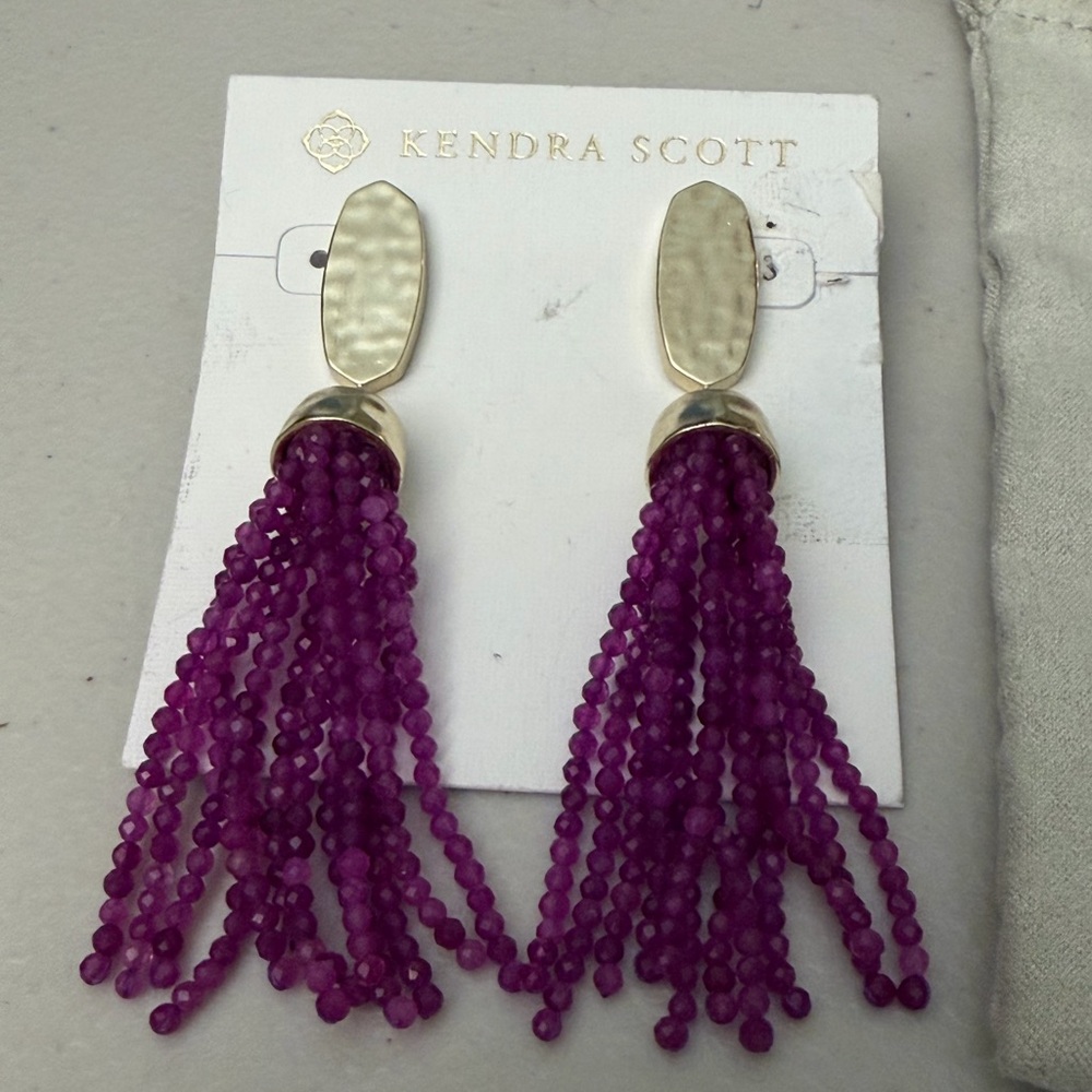 New Kendra Scott • Marin Gold Statement • Beaded Drop Tassel Earrings • Purple